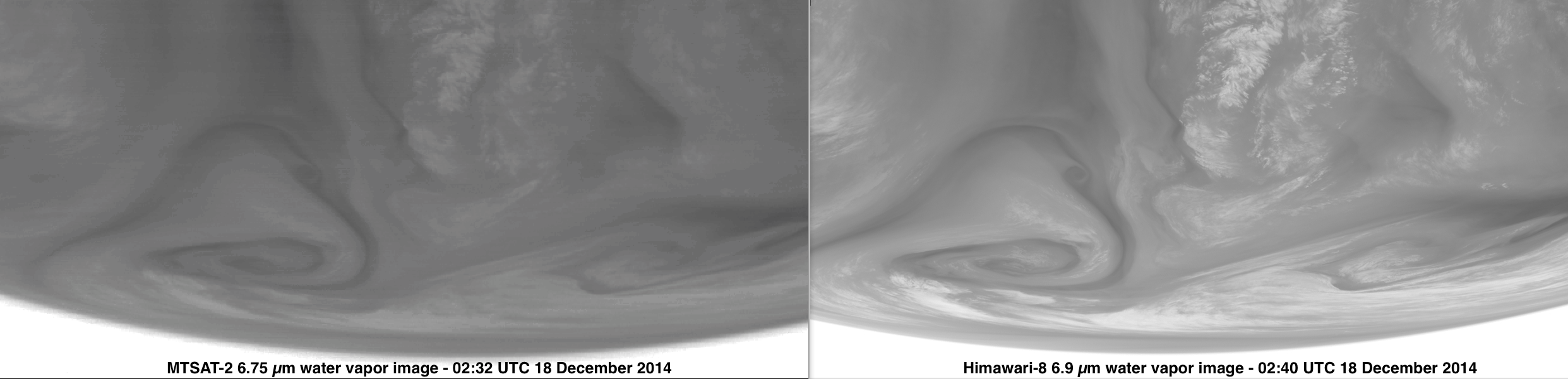 MTSAT-2 vs Himawari-8 water vapor channel images