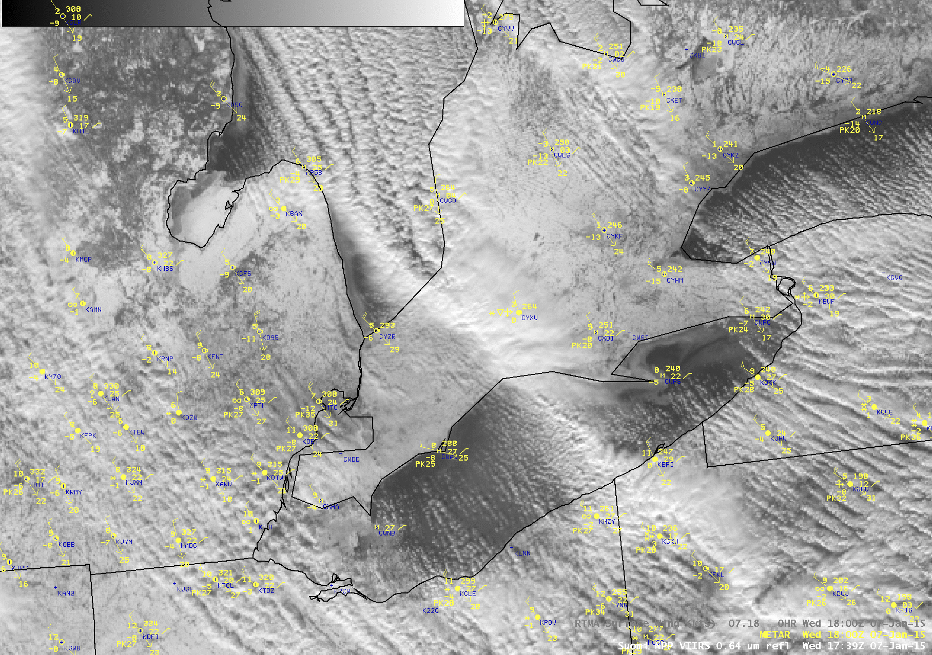 Suomi NPP VIIRS 0.64 µm visible image, with surface METARs, RTMA winds, and frontal boundaries