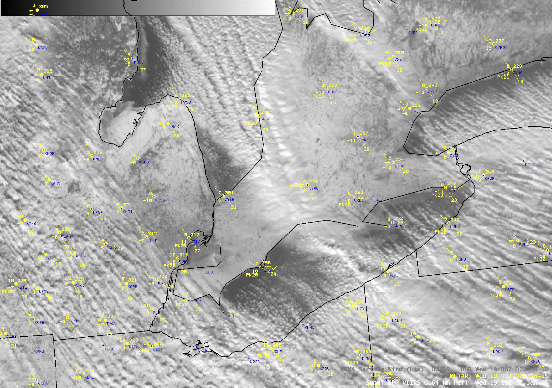Suomi NPP VIIRS 0.64 µm visible image, with surface METARs, RTMA winds, and frontal boundaries