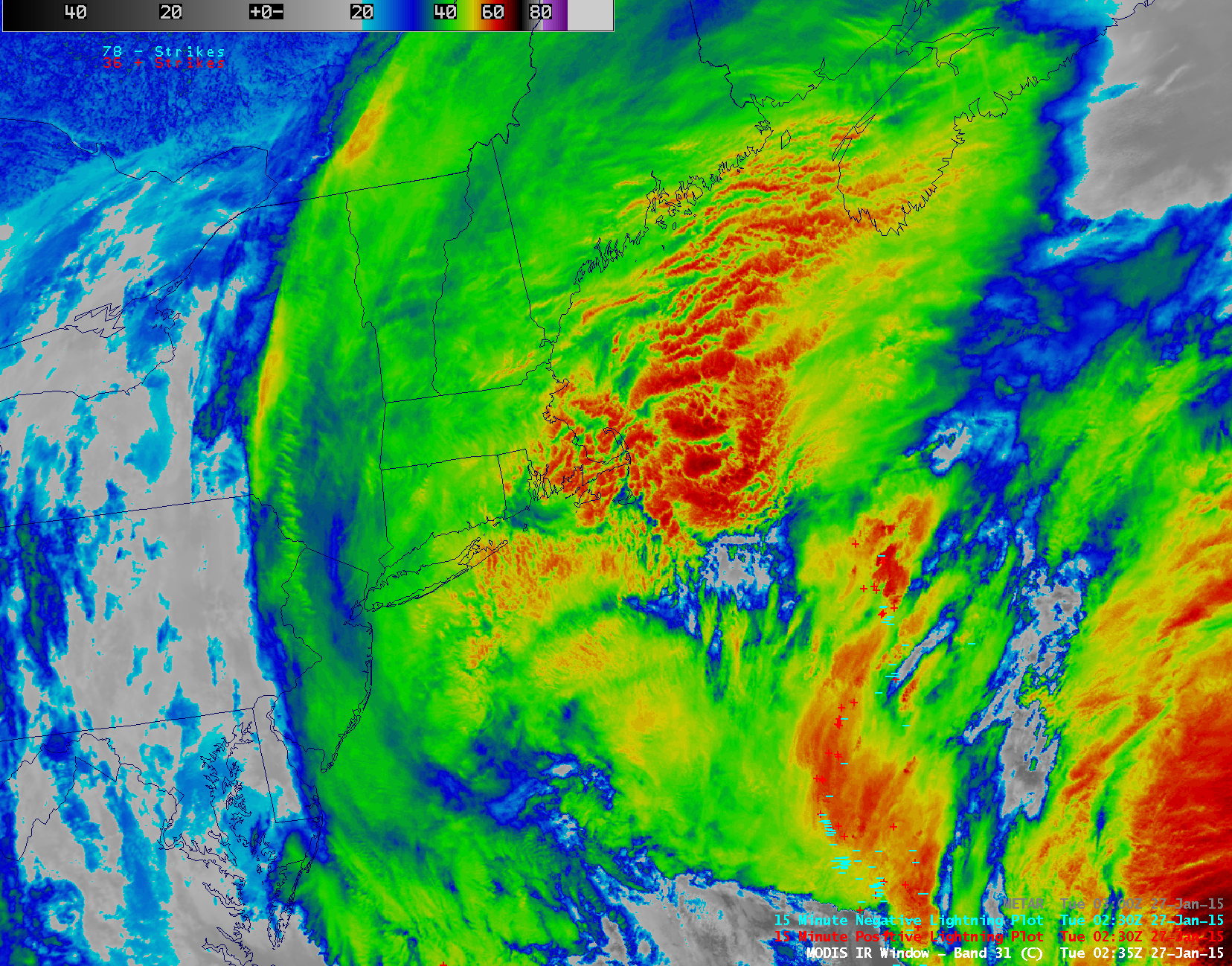 MODIS 11.0 µm IR channel image, with lighting strikes, METAR surface reports, and fixed buoy reports