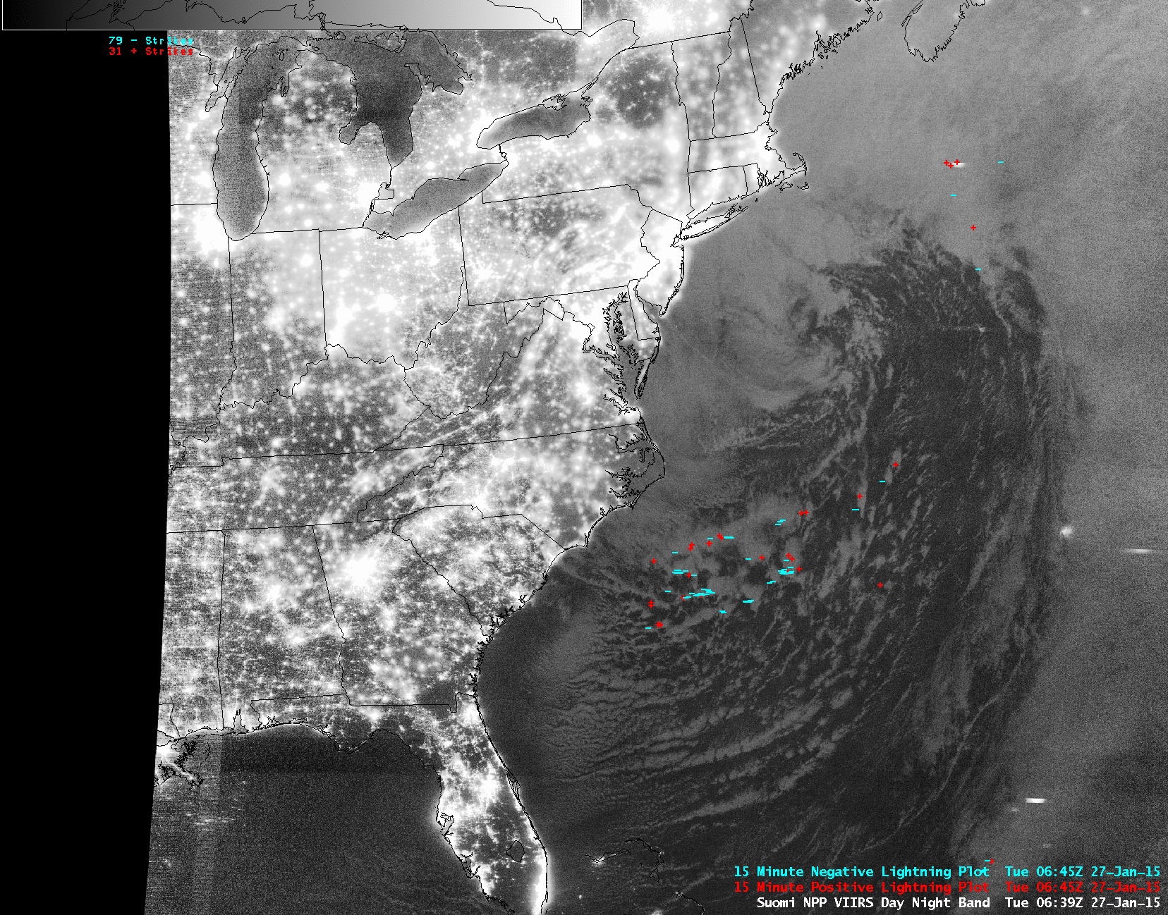 Suomi NPP VIIRS 0.7 µm Day/Night Band and 11.45 µm IR channel images (with cloud-to-ground lightning strikes)