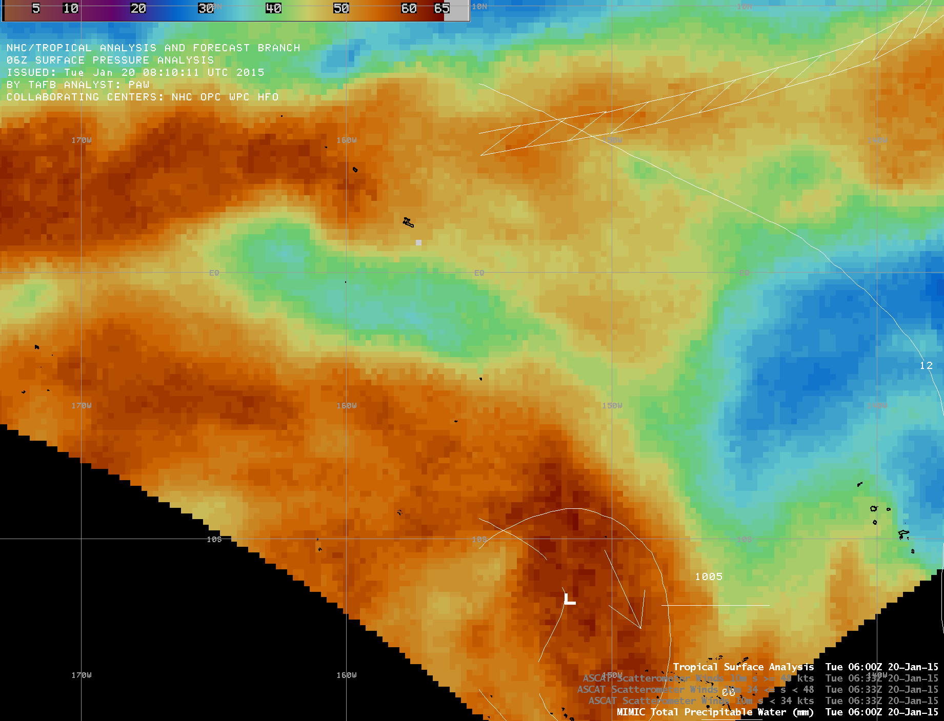 MIMIC Total Precipitable Water product, with Tropical Surface Analyses (click to play animation)
