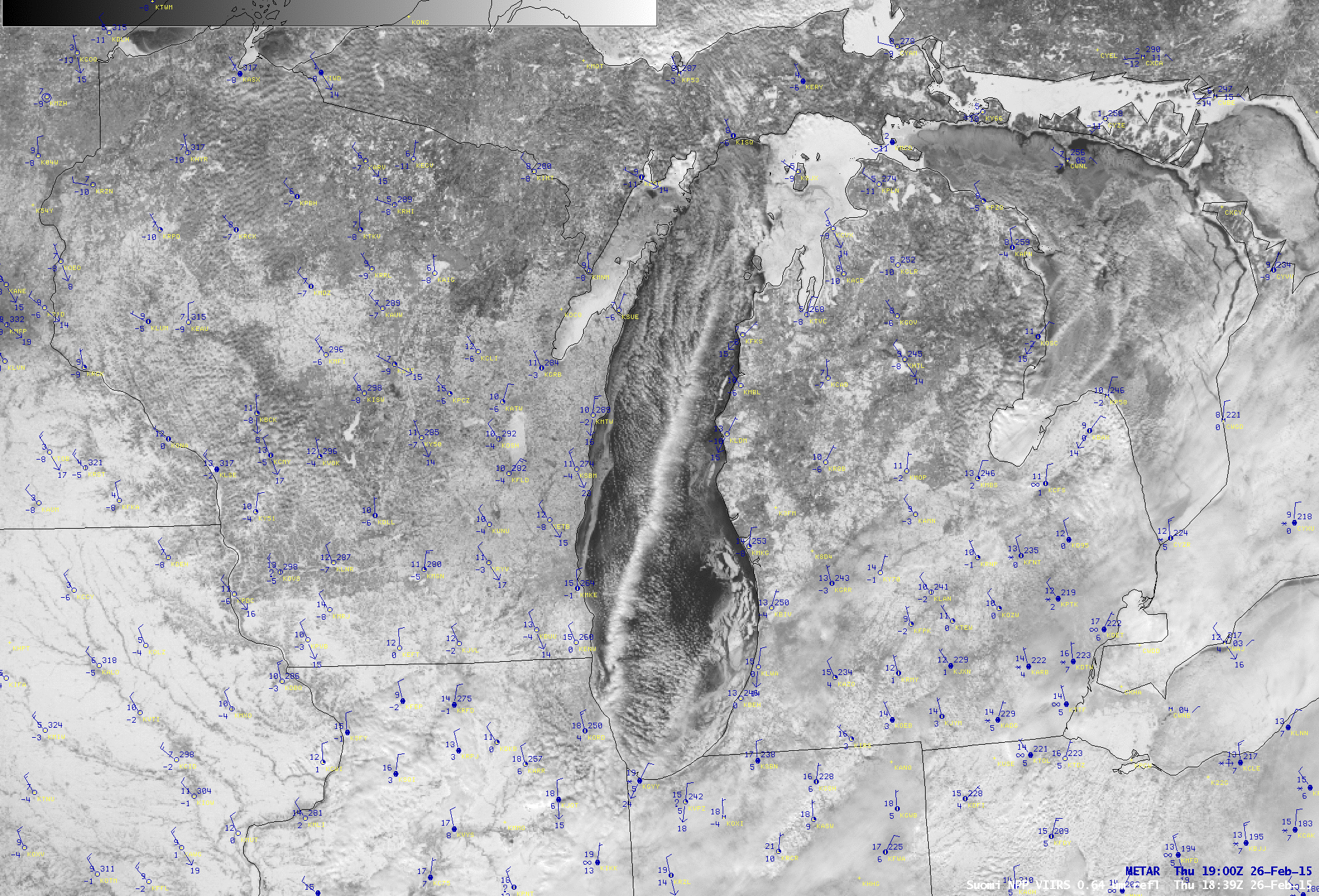 Suomi NPP VIIRS 0.64 µm visible channel and False-color RGB image (click to enlarge)