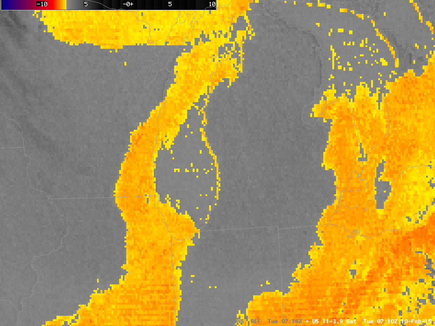 GOES-13 Brightness Temperature Difference (10.7 µm - 3.9 µm), Suomi NPP Day Night Band (0.70 µm) and Suomi NPP Brightness Temperature Difference (11.35 µm - 3.74 µm), 10 February 2015, 0715 UTC (Click to animate)