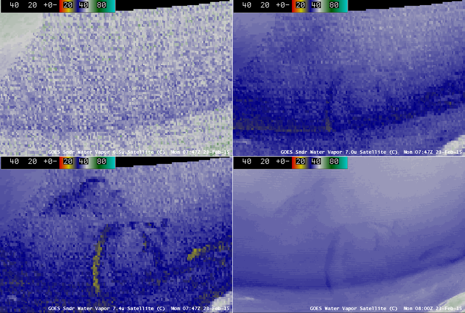 GOES-13 Sounder 6.5 µm, 7.0 µm, 7.4 µm, and Imager 6.5 µm water vapor channel images (click to play animation)