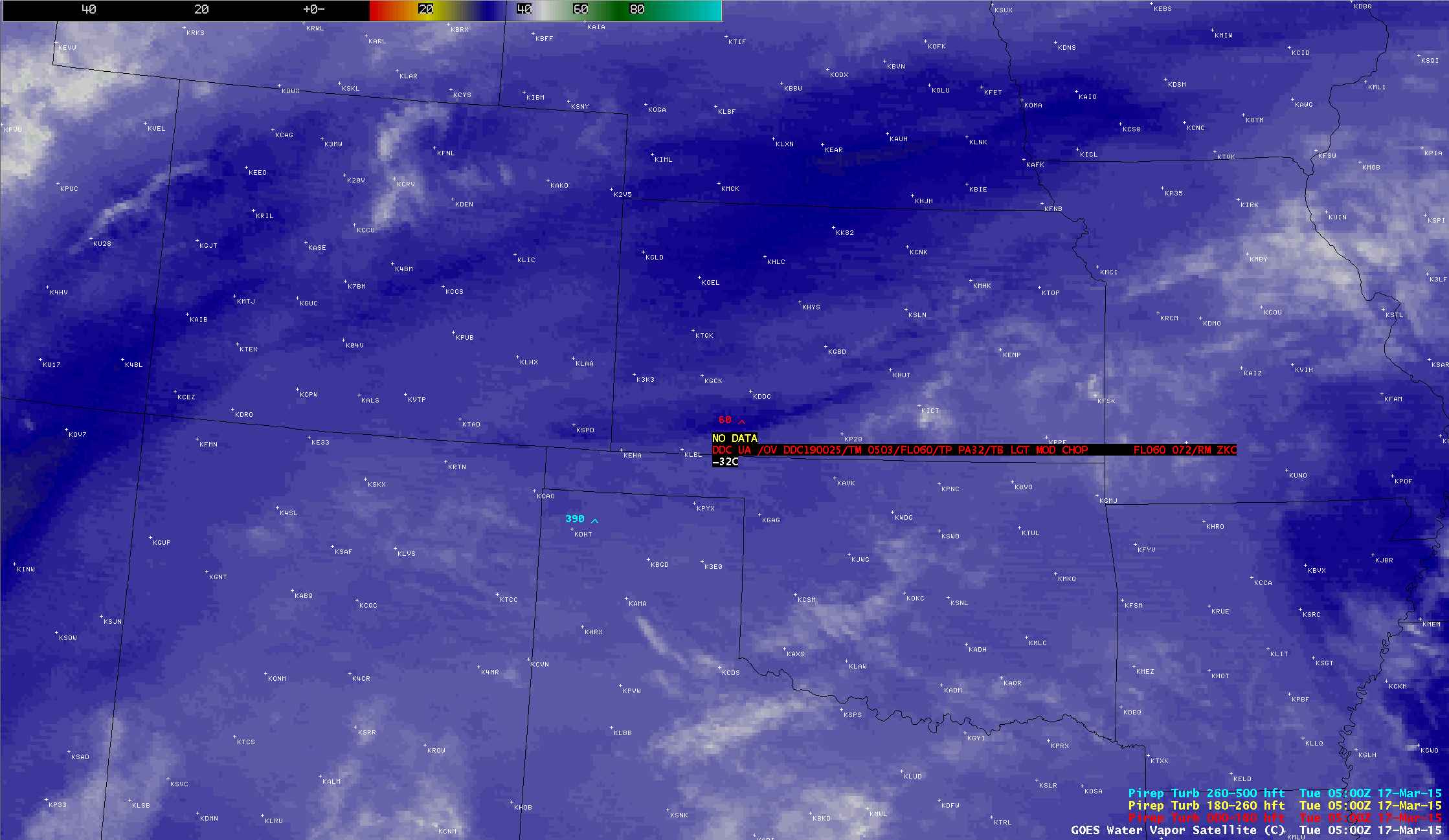 GOES-13 6.5 µm water vapor channel image with pilot report of turbulence