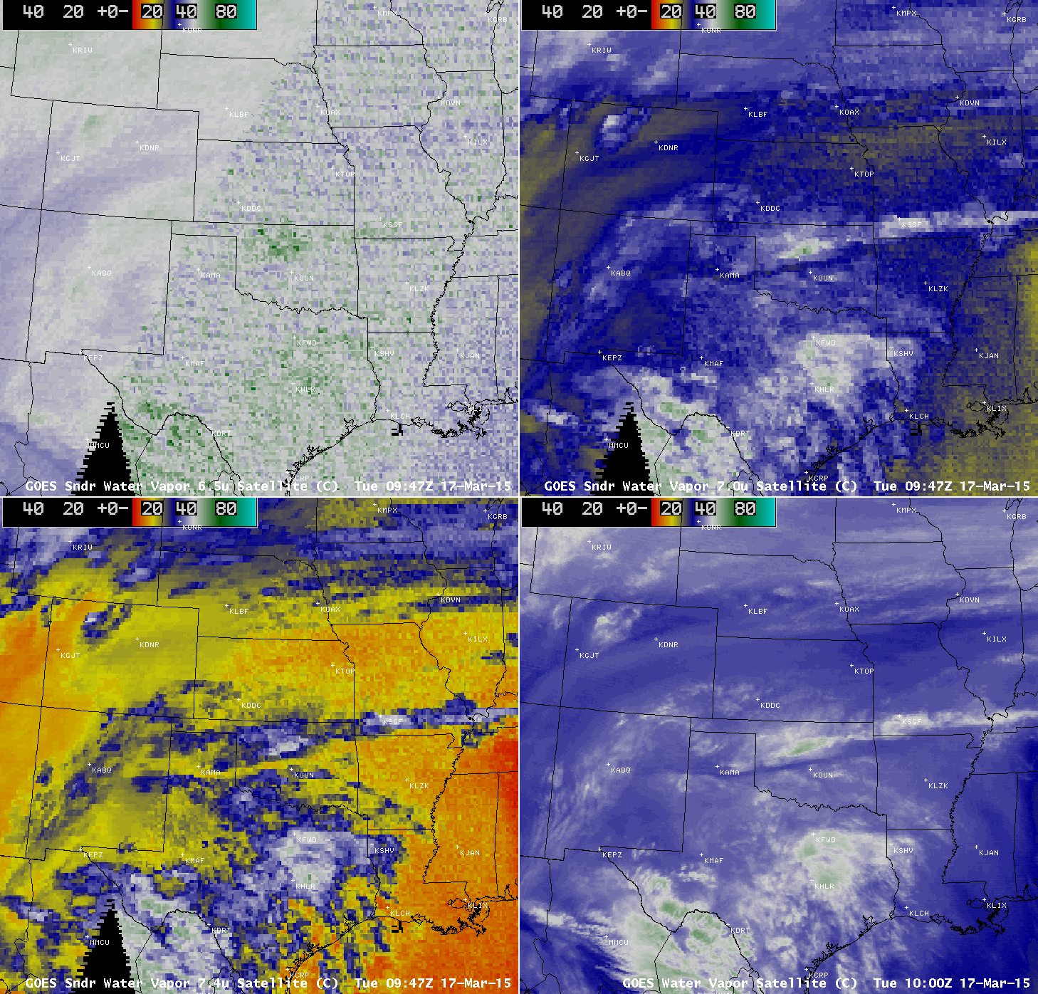 GOES-13 Sounder 6.5 µm (upper left), 7.0 µm (upper right), 7.4 µm (lower left), and Imager 6.5 µm (lower right) - click to play animation