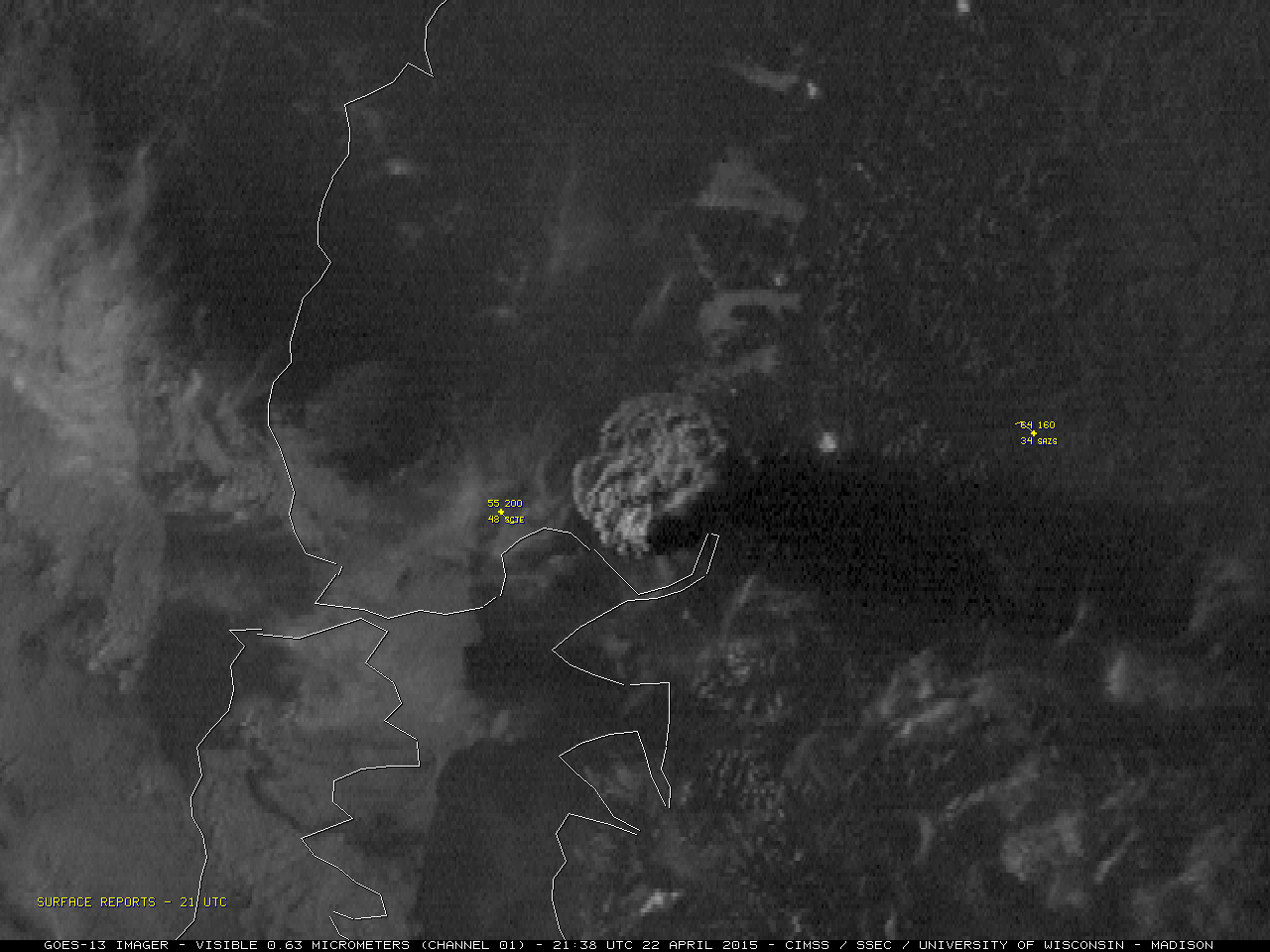 GOES-13 (GOES-East) 0.63 µm visible and 10.7 µm IR channel images at 2138 UTC (with surface reports)