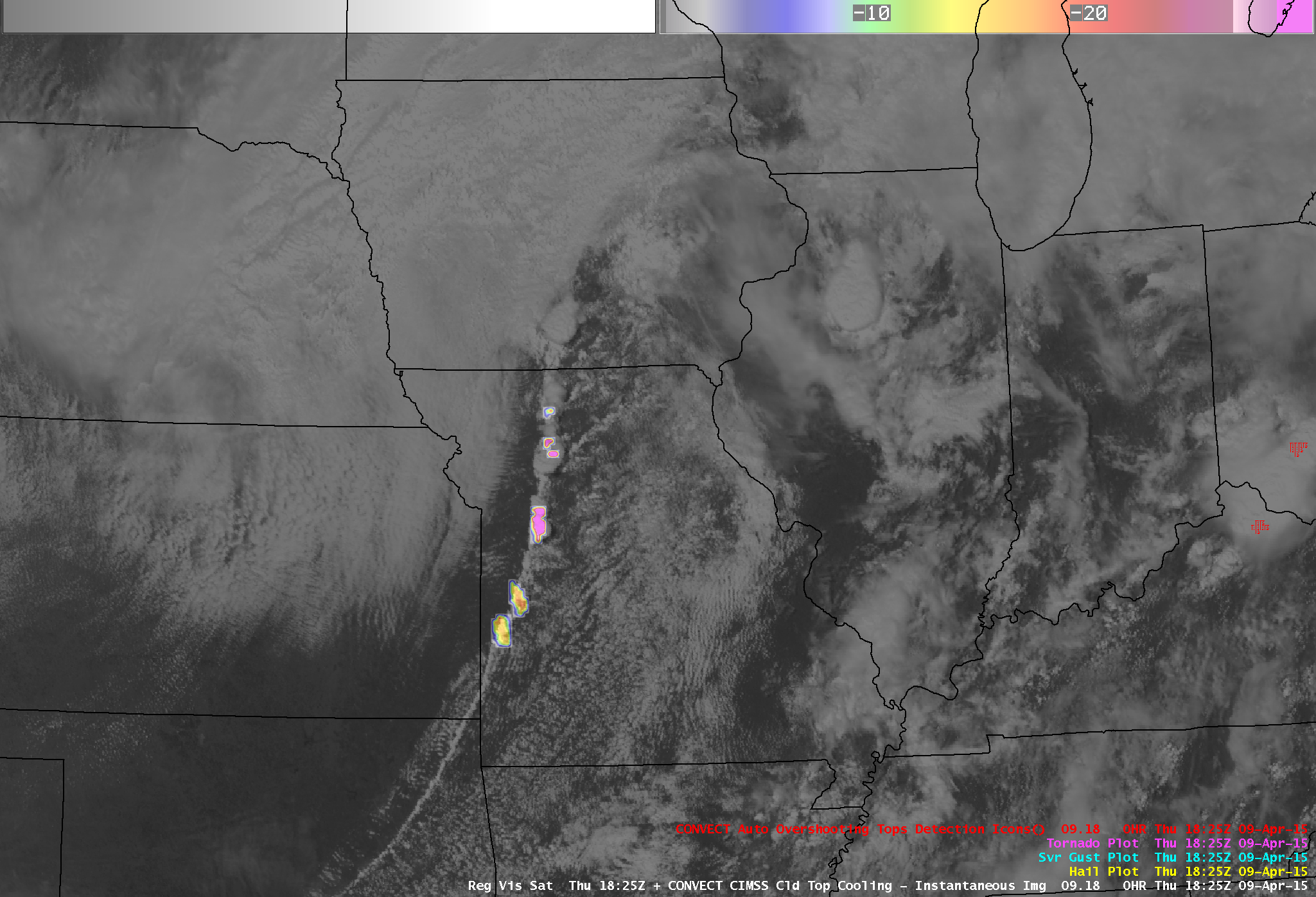 GOES-13 0.63 µm visible images, with Cloud-Top Cooling Rate, Overshooting Tops Detection, and SPC storm reports (click to play animation)