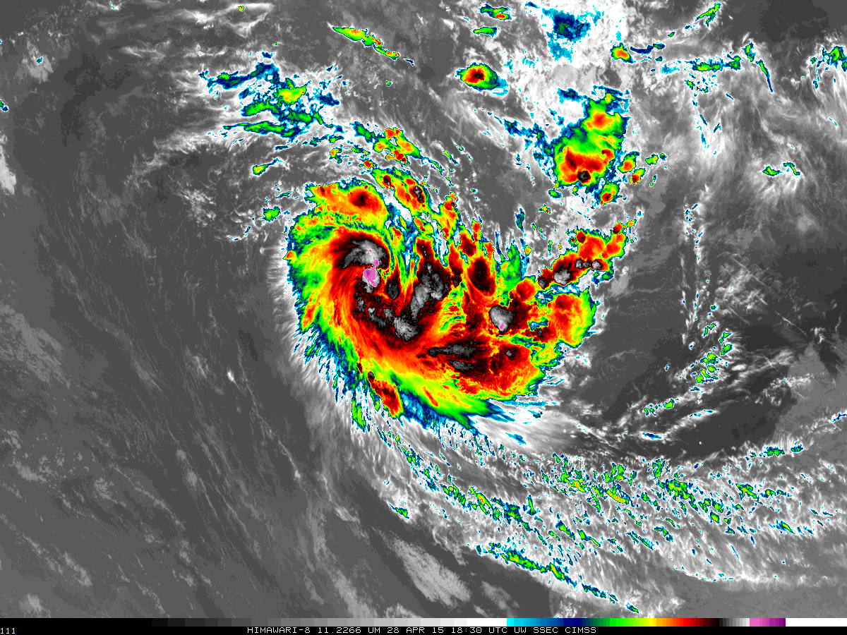 Himawari-8 11.22 µm infrared imagery, 0000 - 1830 UTC on 28 April 2015 (click to play animation)