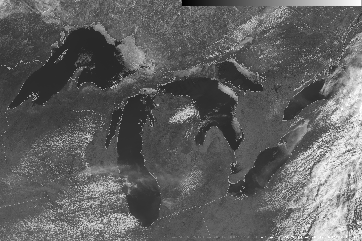 Suomi-NPP Imagery:  Visible (0.64µm), Day Night Band (0.70µm) and near-IR (0.85µm) (click to enlarge)