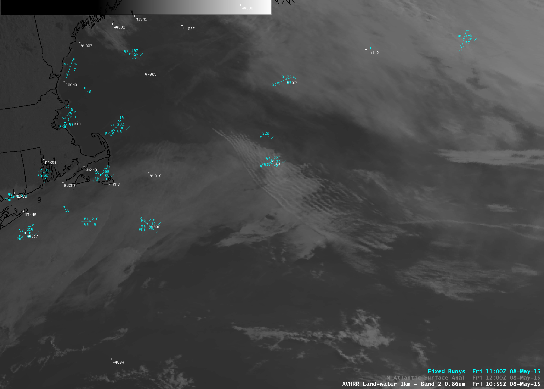 POES AVHRR 0.86 µm Visible image and 12.0 µm Infrared image at 1055 UTC on 8 May 2015 (click to enlarge)