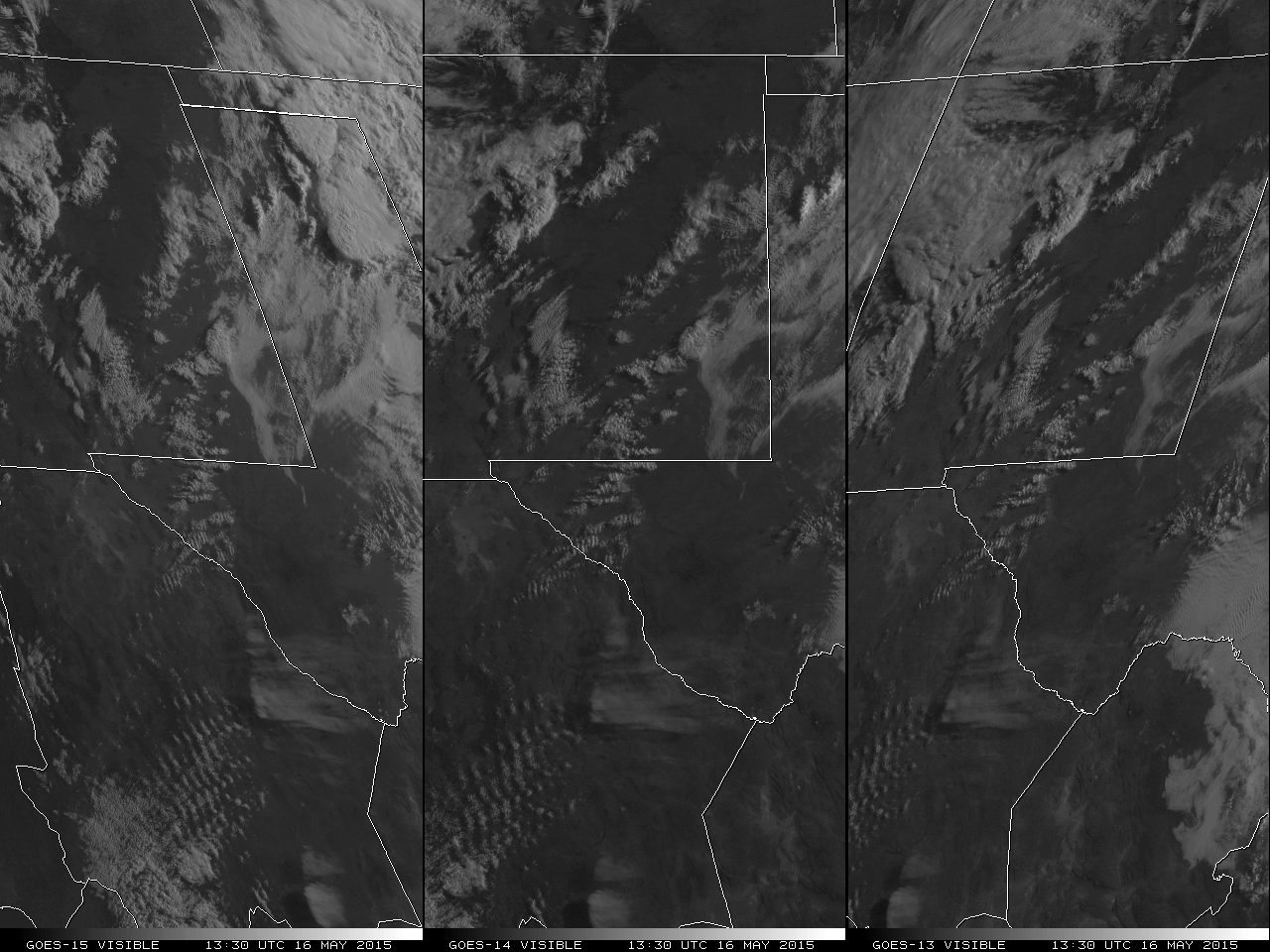 GOES-15 (left), GOES-14 (center), and GOES-13 (right) 0.63 µm visible and 6.5 µm water vapor channel images