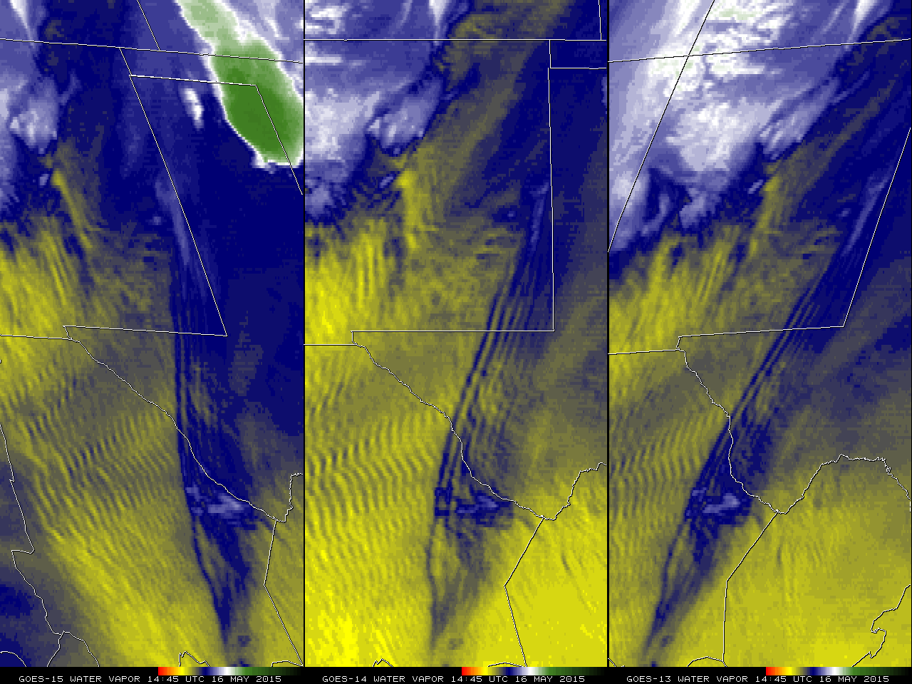 GOES-15 (left), GOES-14 (center), and GOES-13 (right) 6.5 µm water vapor channel images [click to play animation]