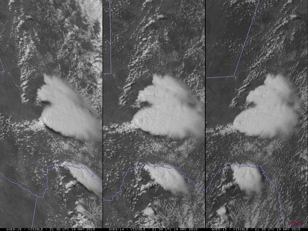 GOES-15 (left), GOES-14 (center), and GOES-13 (right) 0.62 µm visible channel images [click to play animation]