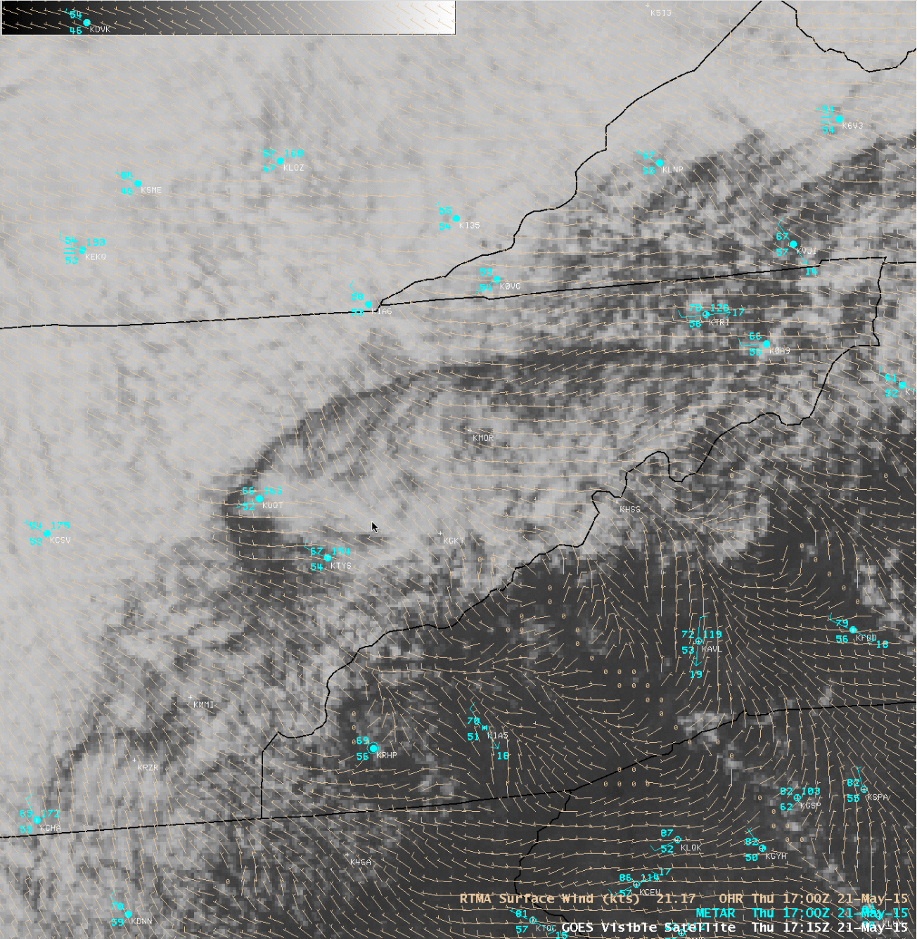 GOES-13 0.63 µm visible channel images, with RTMA surface winds [click to play animation]