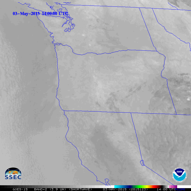 GOES-15 3.9 µm infrared imagery, 1400-2200 UTC on 3 May 2015 (Click to enlarge) 