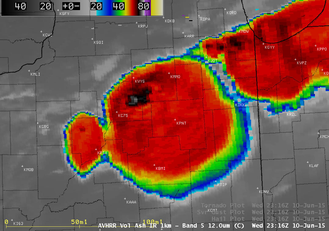 POES AVHRR 12.0 µm IR channel image, with SPC storm reports of large hail and damaging winds