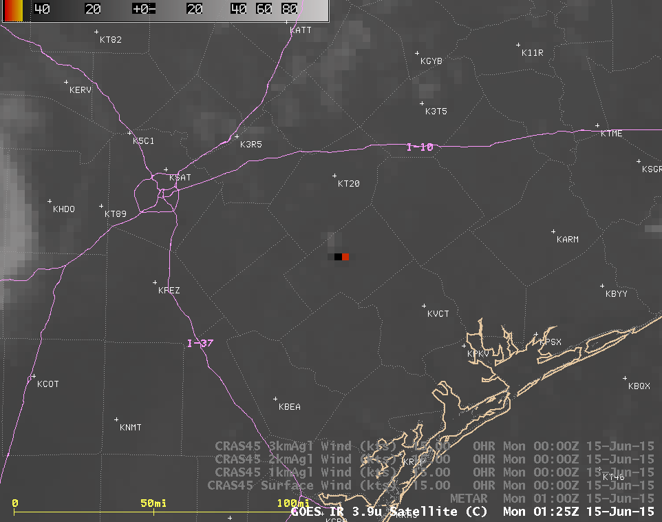 GOES-13 3.9 µm shortwave IR image (with METAR surface reports and CRAS surface. 1km, 2km, and 3km winds)