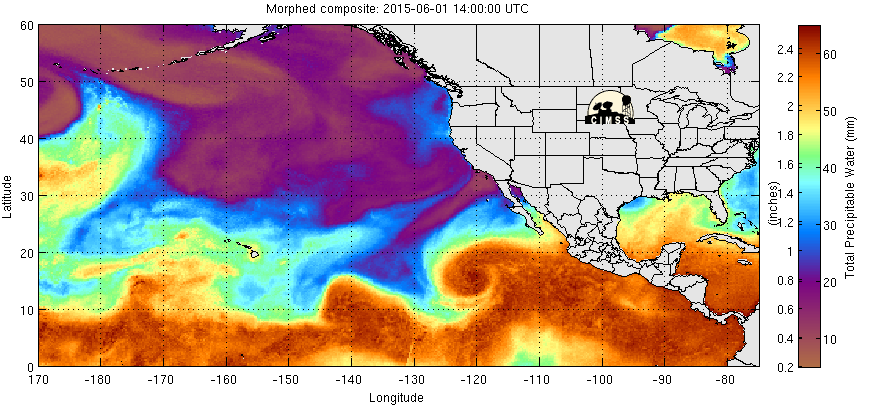 MIMIC Total Precipitable Water animation for the 72 hours ending 1300 UTC on 4 June 2015 (click to enlarge)