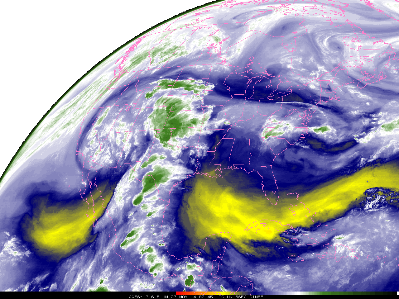 GOES-15 Imager 6.5 µm water vapor infrared channel images (click to play animation)