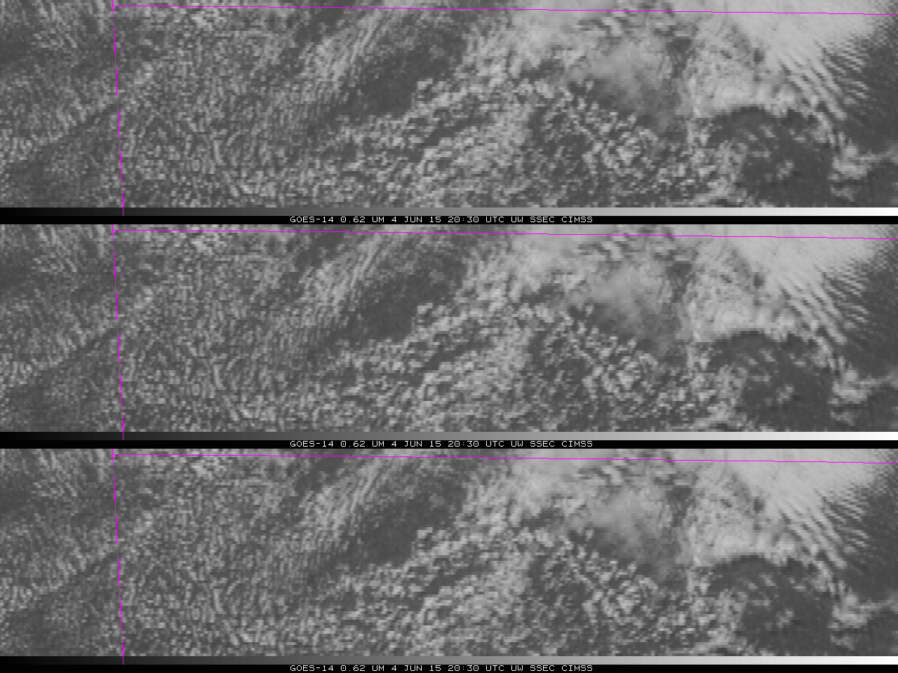 GOES-14 Visible (0.6263 µm) Imagery, 4 June 2015, with 1-minute time-steps (top), 5-minute time-steps (middle) and routine 15-minute GOES time-steps (bottom) (click to play animation)