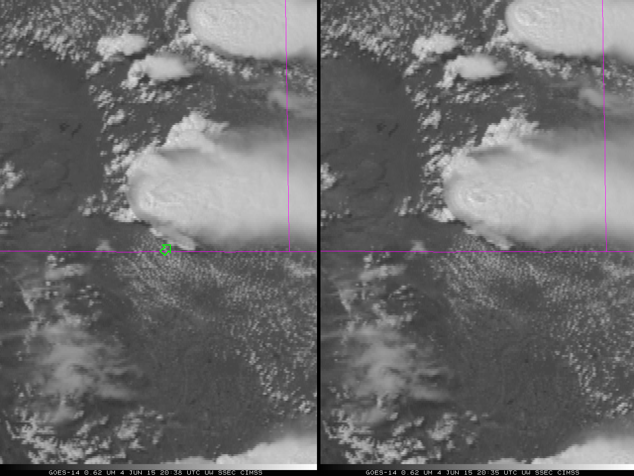 GOES-14 Visible (0.6263 µm) Imagery, 04 June 2015.  1-minute imagery on the left, 5-minute imagery on the right (click to play animation)