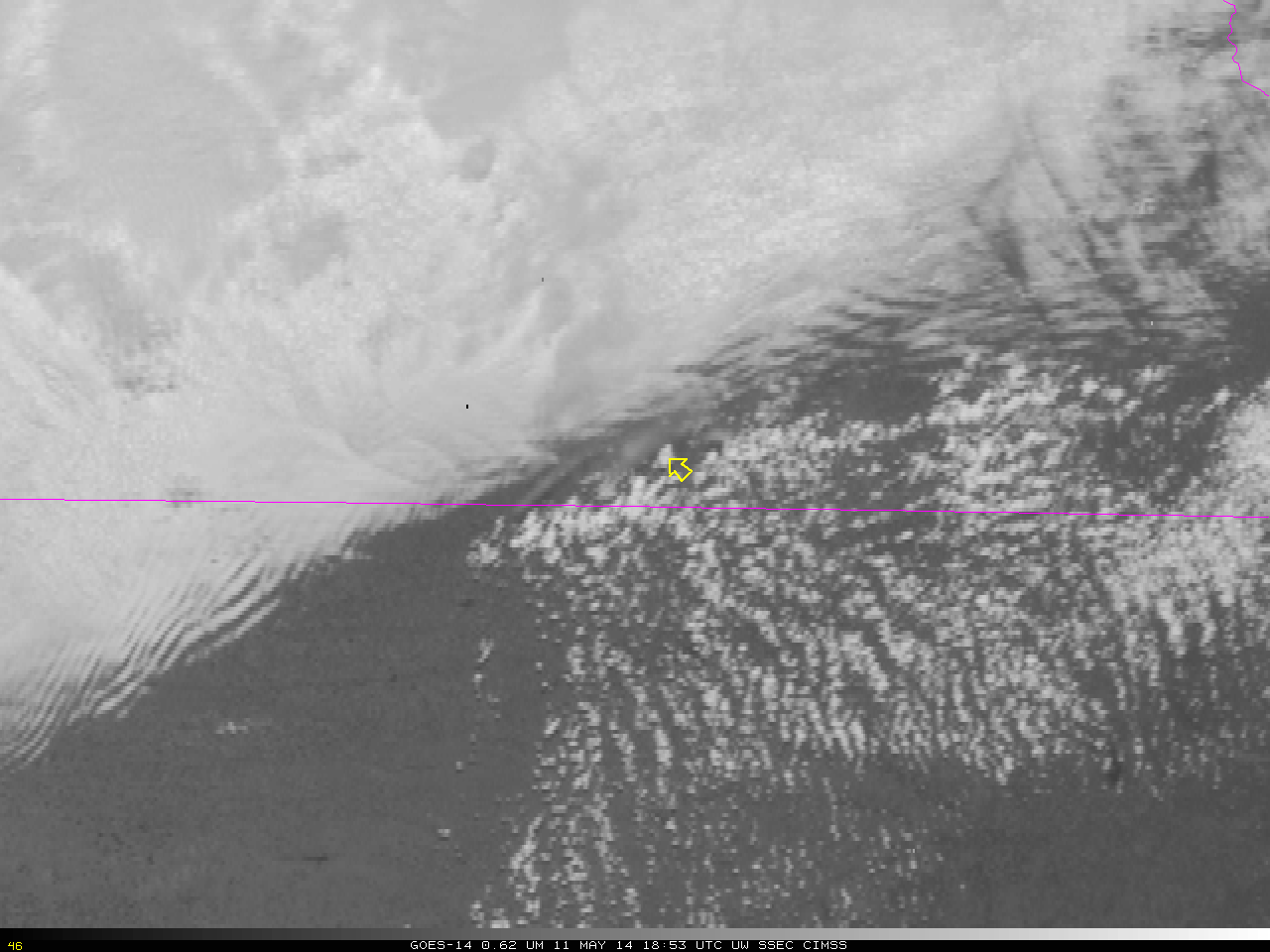 GOES-14 Visible (0.6263 µm) Imagery, 11 May 2014.  An orphan anvil is indicated (click to play animation)