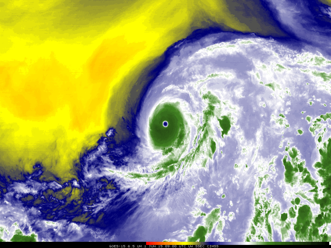 GOES-15 Water Vapor Infrared Imagery (6.5µm) centered on Andres' center (click to animate)