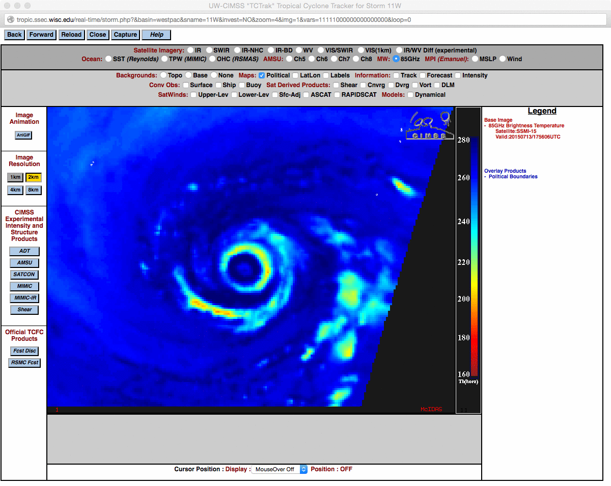 DMSP SSMIS 85 GHz microwave image and MTSAT-2 10.8 µm Infrared image (click to enlarge)