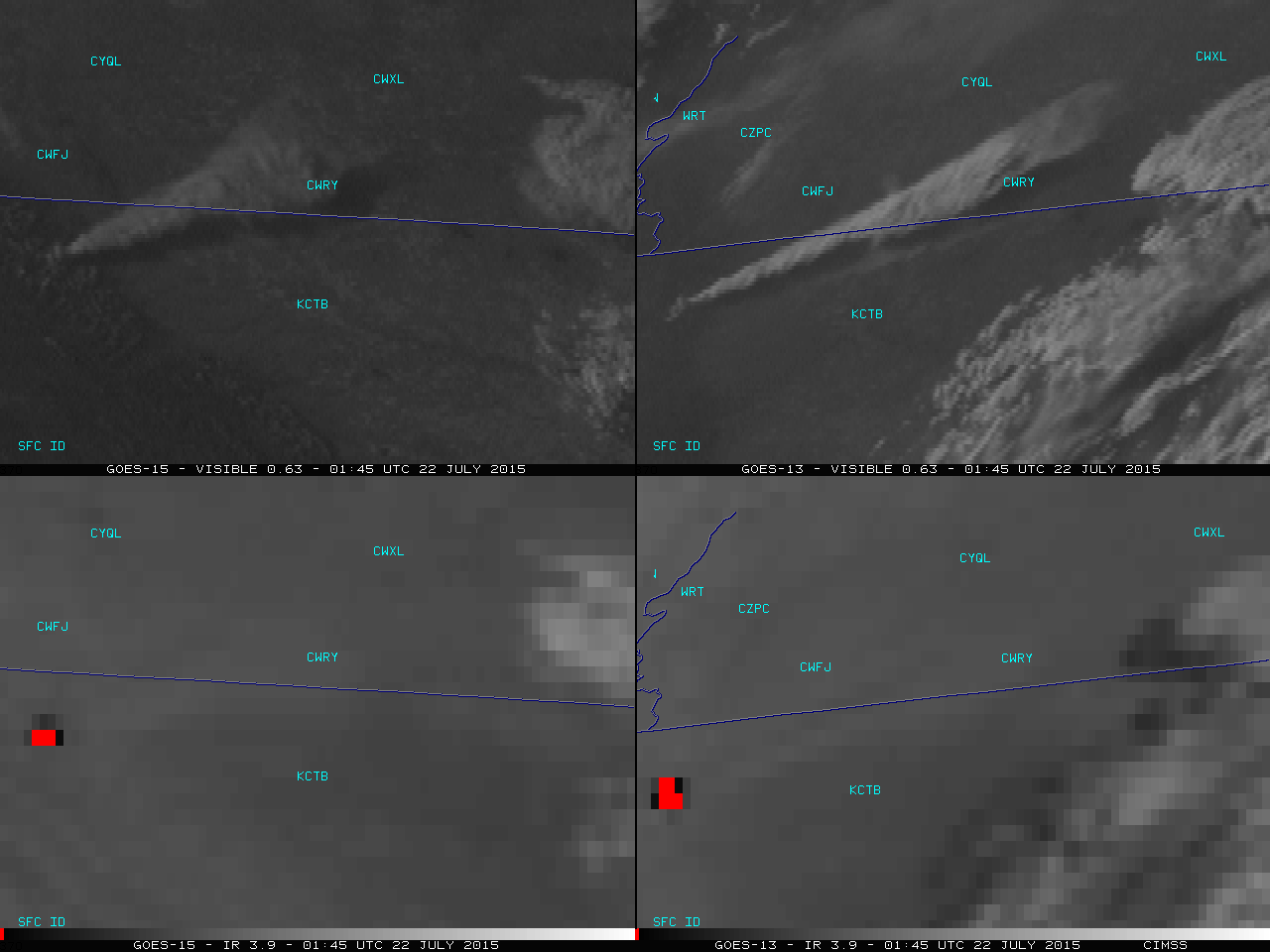 GOES-15 (left) and GOES-13 (right) visible and shorwave IR images [click to play animation]