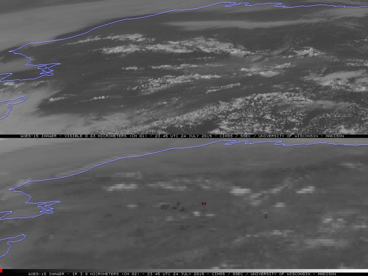 GOES-15 visible (top) and shortwave IR (bottom) images [click to play animation]