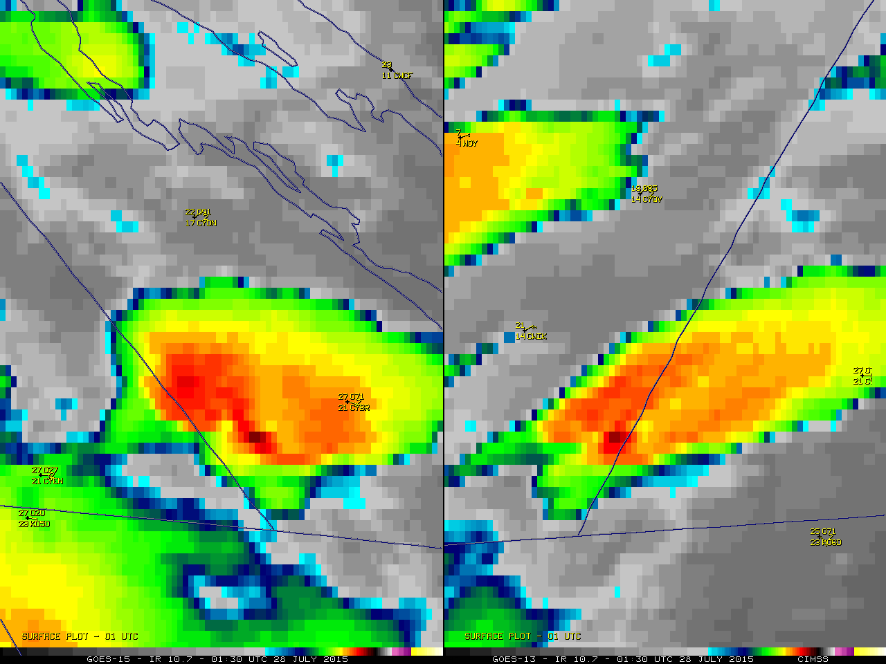 GOES-15 (left) and GOES-13 (right) 10.7 µm Infrared images, with surface reports [click to play animation]