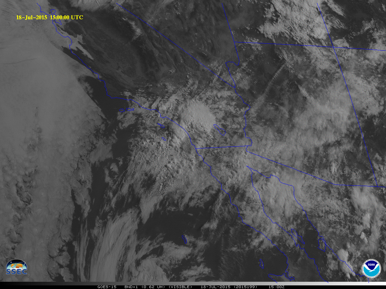 GOES-15 Visible (0.65 µm) Images, 1300 UTC 18 July through 0300 UTC 19 July 2015  (click to play animation)