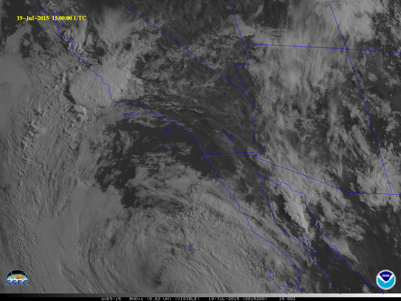 GOES-15 Visible (0.65 µm) Images, 1300 UTC 19 July through 0300 UTC 20 July 2015  (click to play animation)