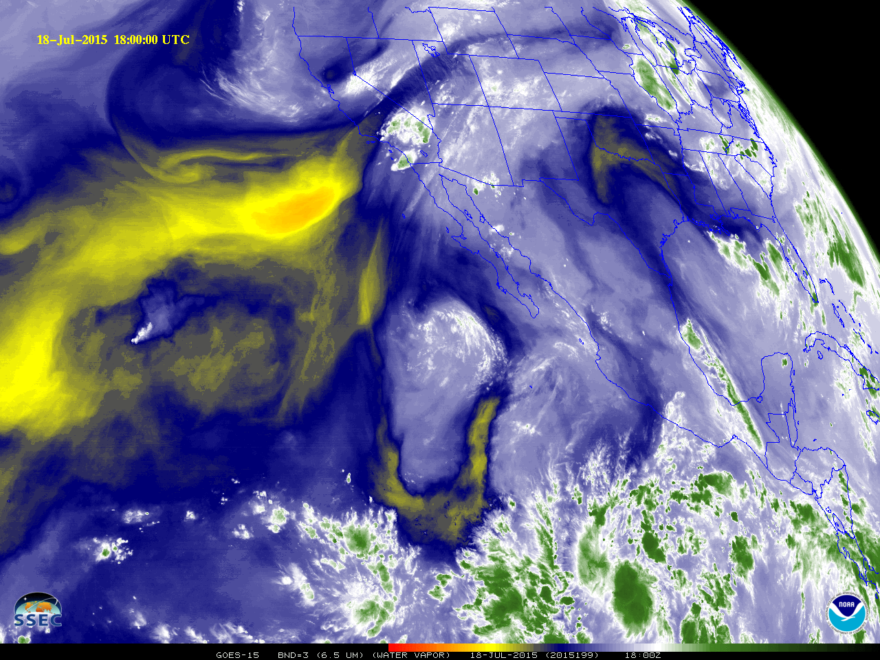 GOES-15 Infrared Water Vapor (6.5 µm) Images  (click to play animation)