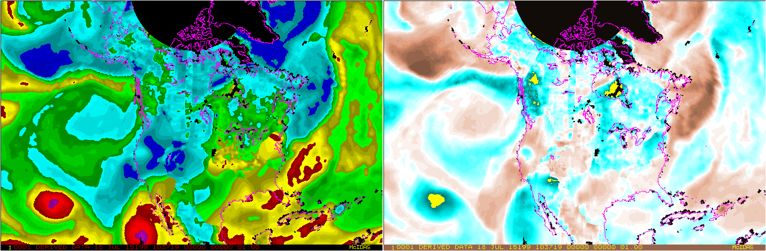 NESDIS Blended Total Precipitable Water (left) and Percent of Normal (right), 1200 UTC on 15 July through 1200 UTC on 20 July 2015 (click to animate)
