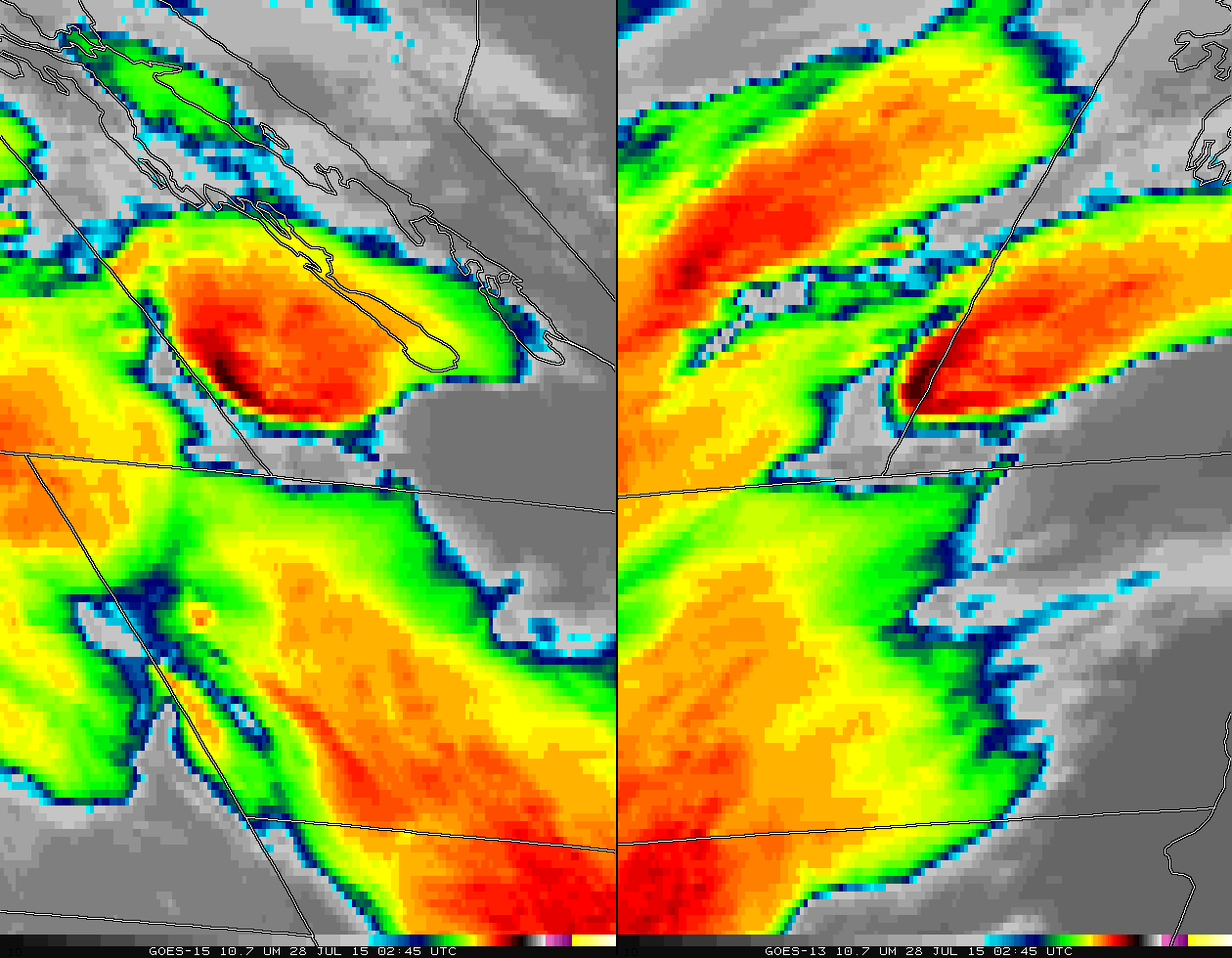 Color-enhanced Infrared (10.7 µm) imagery from GOES-15 (left) and GOES-13 (right), times as indicated  [click to play animation]