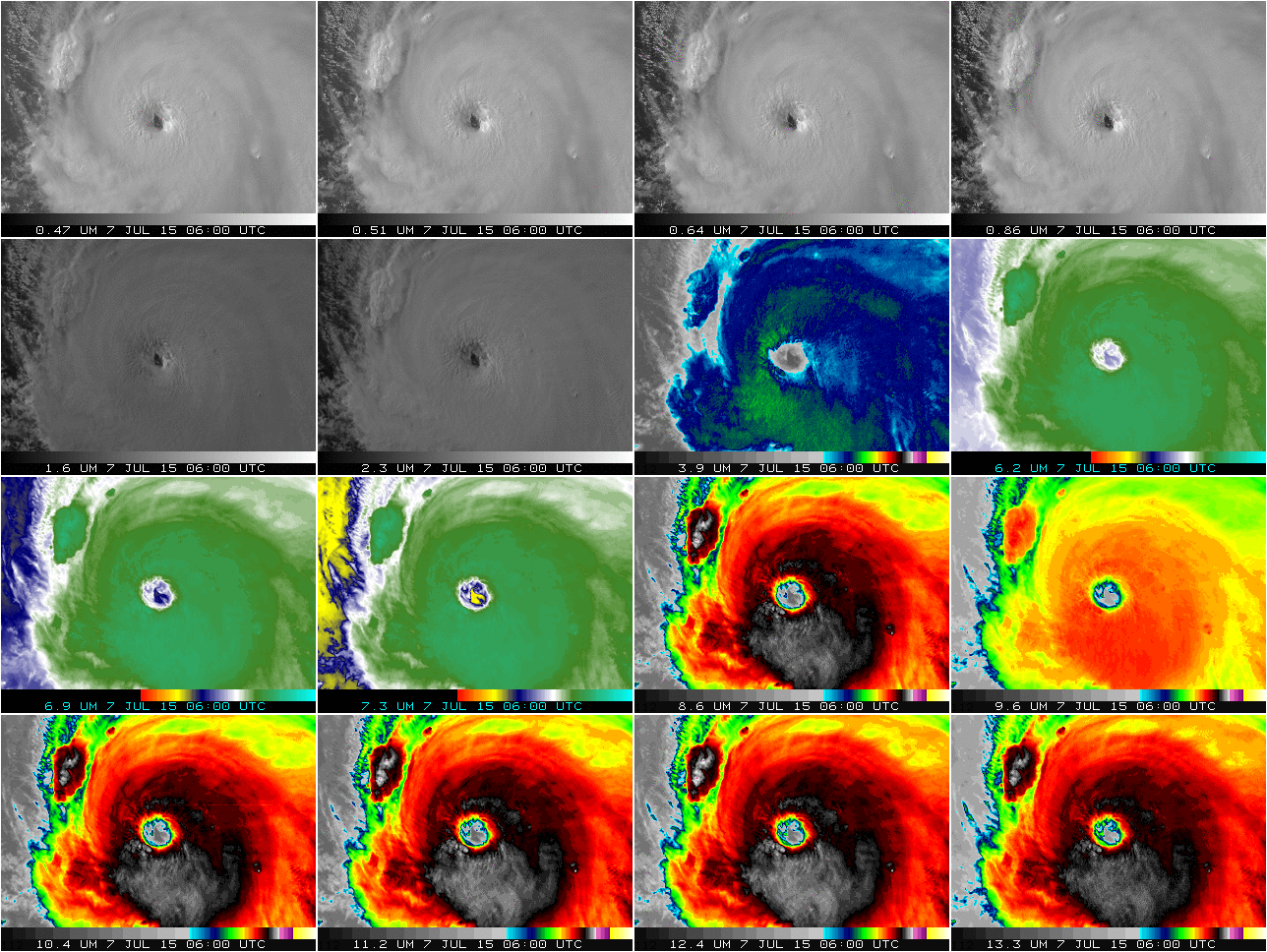 Himawari-8 data, all AHI channels, over Typhoon Nangka, 0400 UTC 5 July 2015 - 0810 UTC 7 July 2015, (Click to animate)