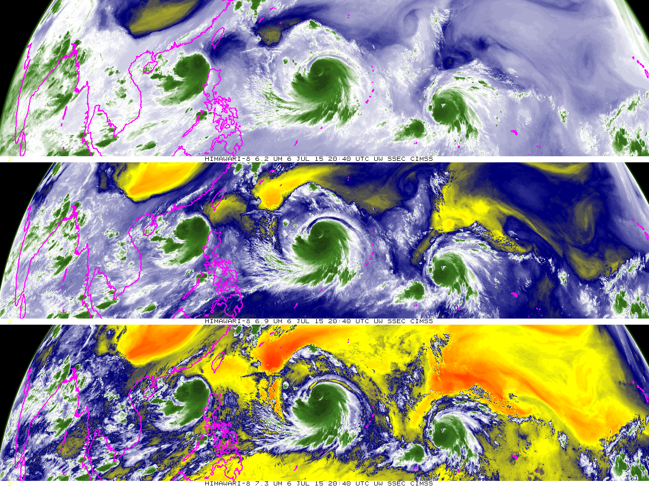 Himawari-8 6.2 µm, 6.9 µm and 7.3 µm infrared water vapor images, 2040 UTC on 6 July 2015 (Click to enlarge)