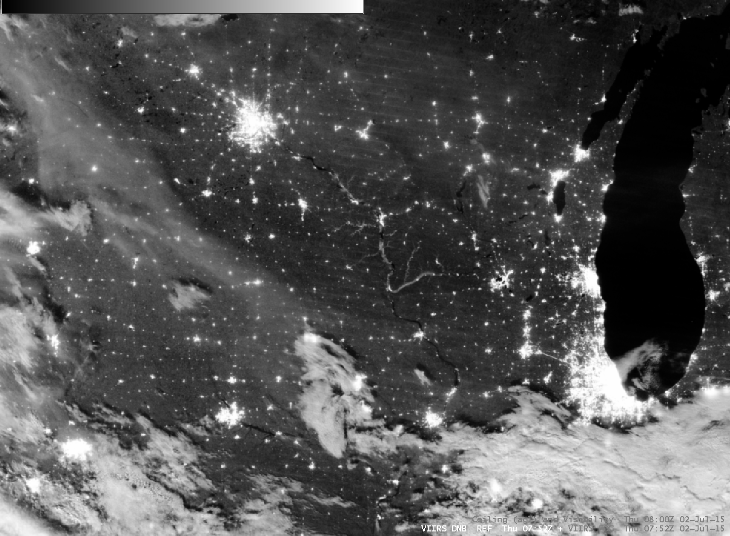 Suomi NPP VIIRS 0.70 µm visible Day/Night Band and 11.45 µm - 3.74 µm Brightness Temperature Difference images, and Ceilings and Visibilities, ~0800 UTC (click to enlarge)
