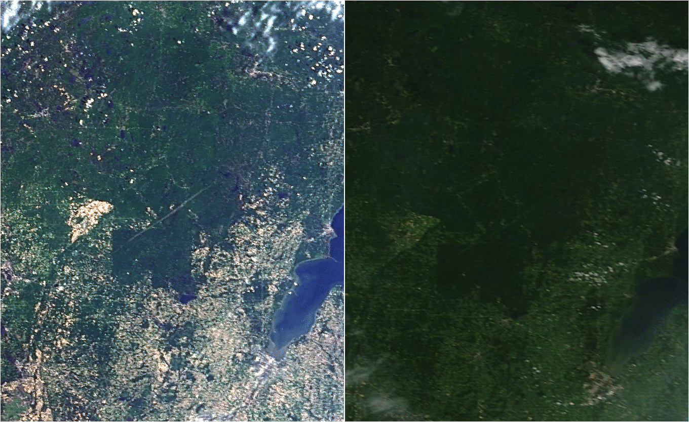 MODIS True-Color Image, June 9, 2007 (left) and July 15, 2015 (right) (click to enlarge)