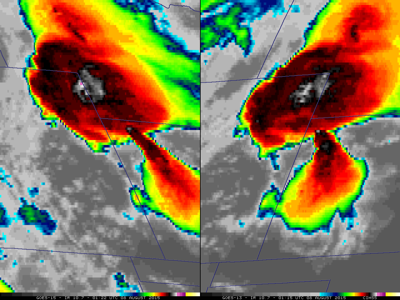 GOES-15 (left) and GOES-13 (right) 10.7 µm Infrared images [click to play animation]