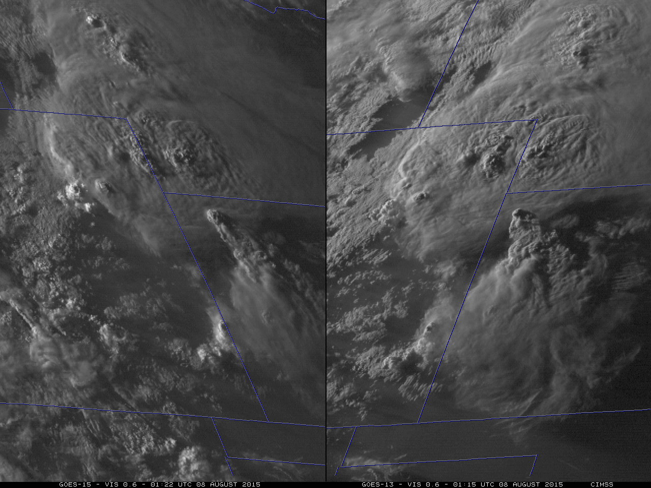 GOES-15 (left) and GOES-13 (right) 0.63 µm Visible images [click to play animation]