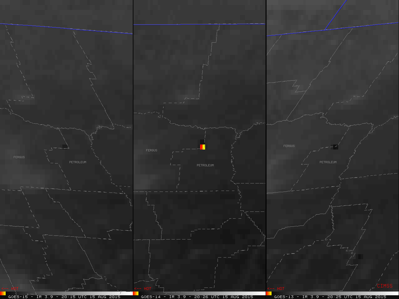 GOES-15 (left), GOES-14 (center), and GOES-13 (right) 3.9 µm shortwave IR images [click to play MP4 animation]
