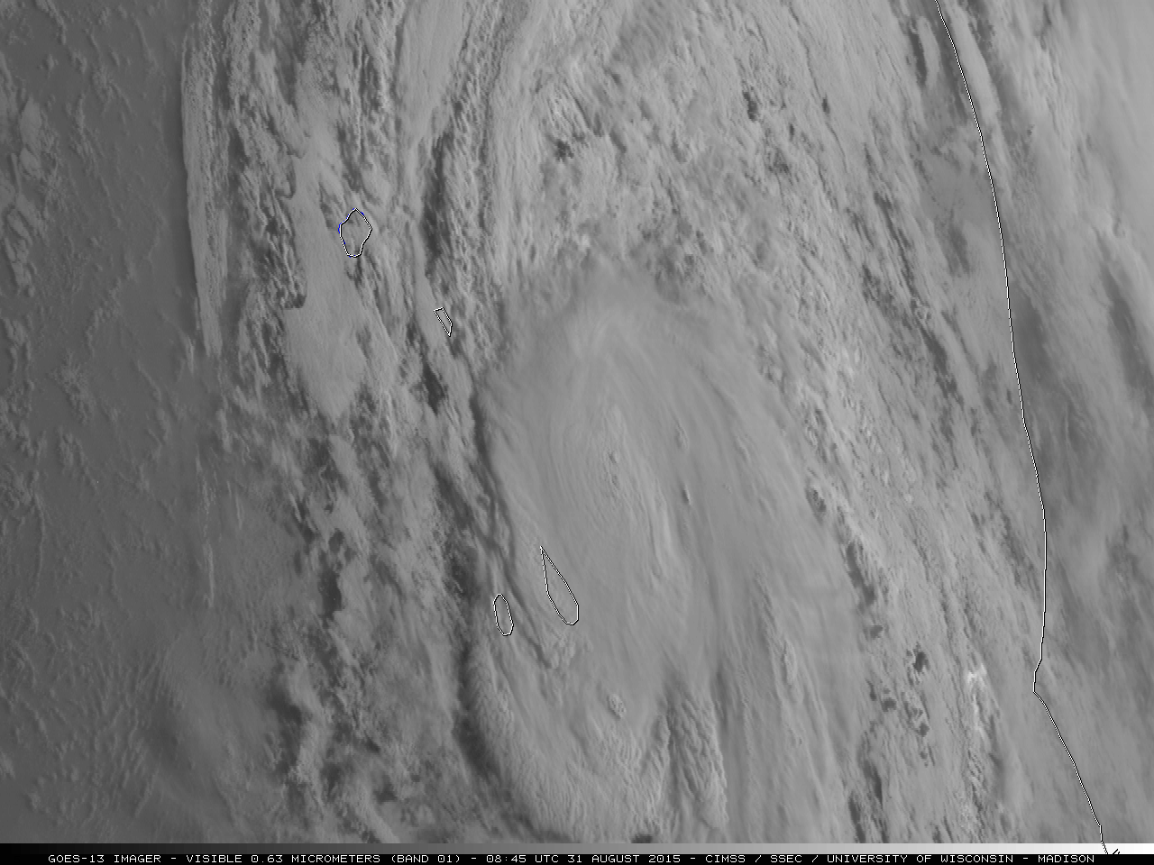 GOES-13 Visible (0.63 um) and Infrared (10.7 um) images [click to enlarge]
