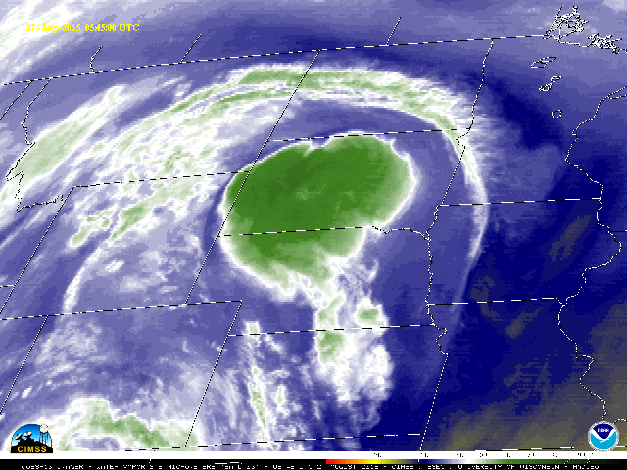 GOES-13 water vapor (6.5 µm) images [click to play animation]