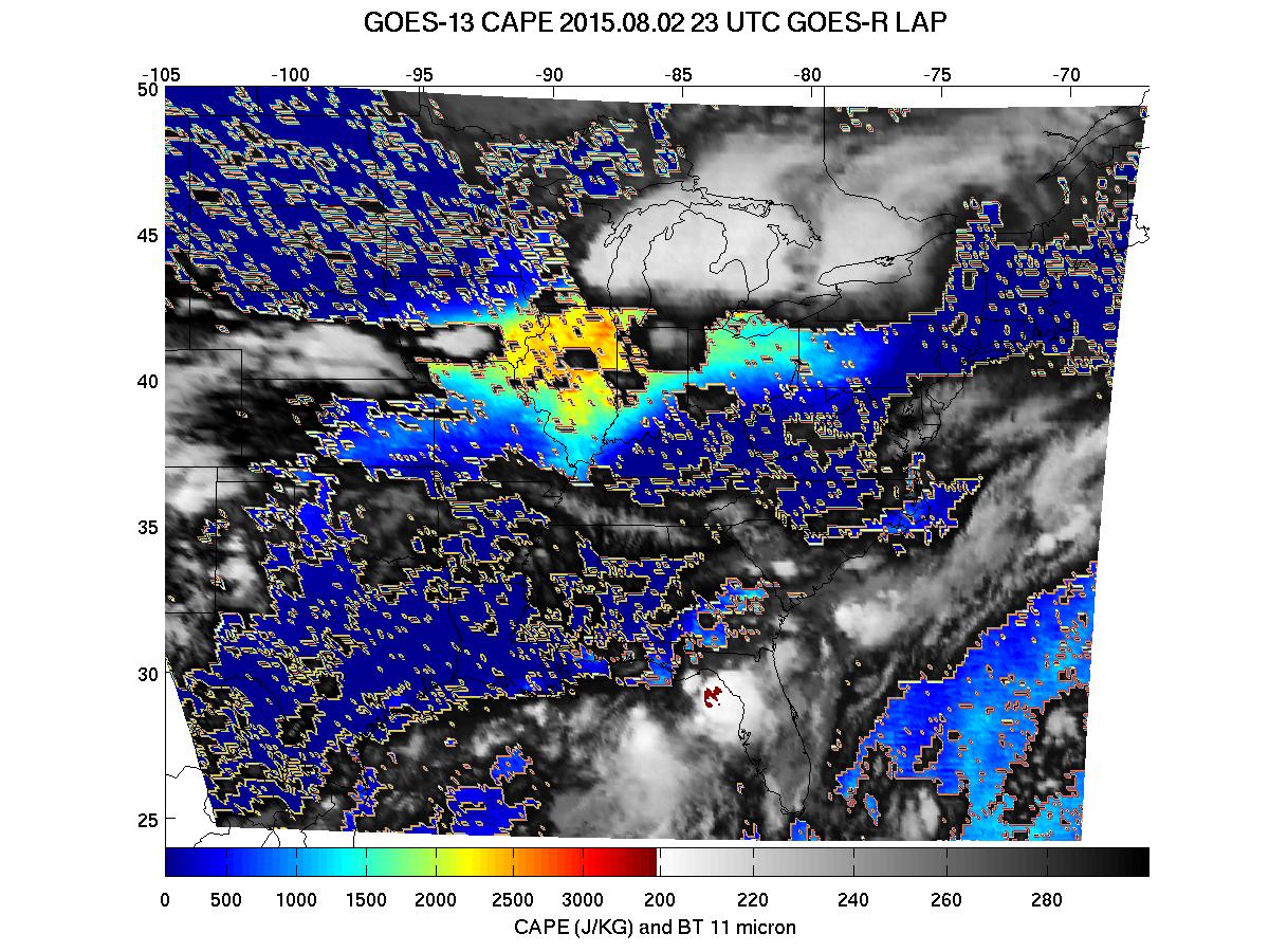 GOES-R LAP Convective Available Potential Energy (CAPE), times as indicated  [click to play animation]