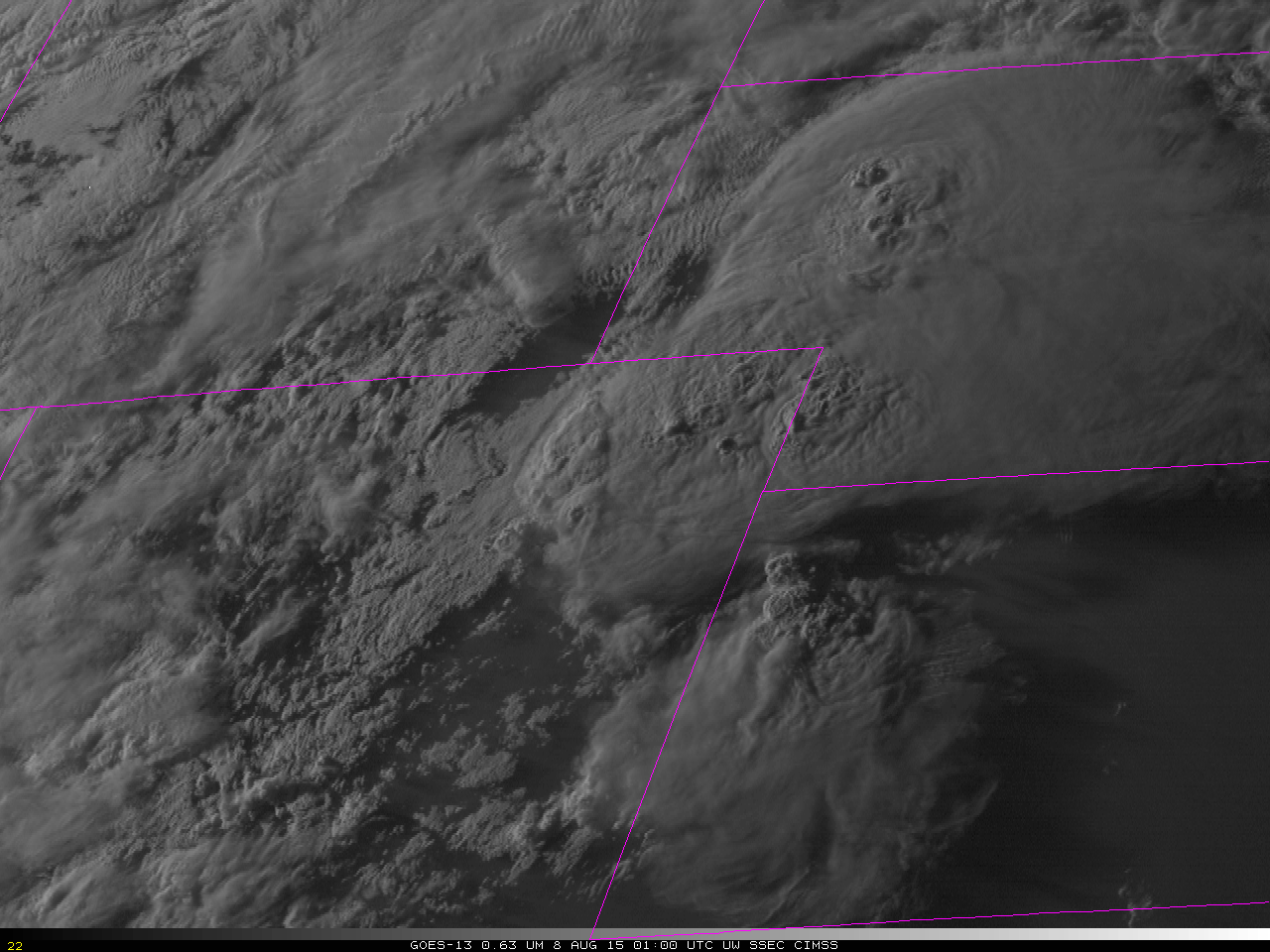 GOES-13 Visible imagery (0.63 µm) 1900 UTC 7 August - 0145 UTC 8 August [click to animate]