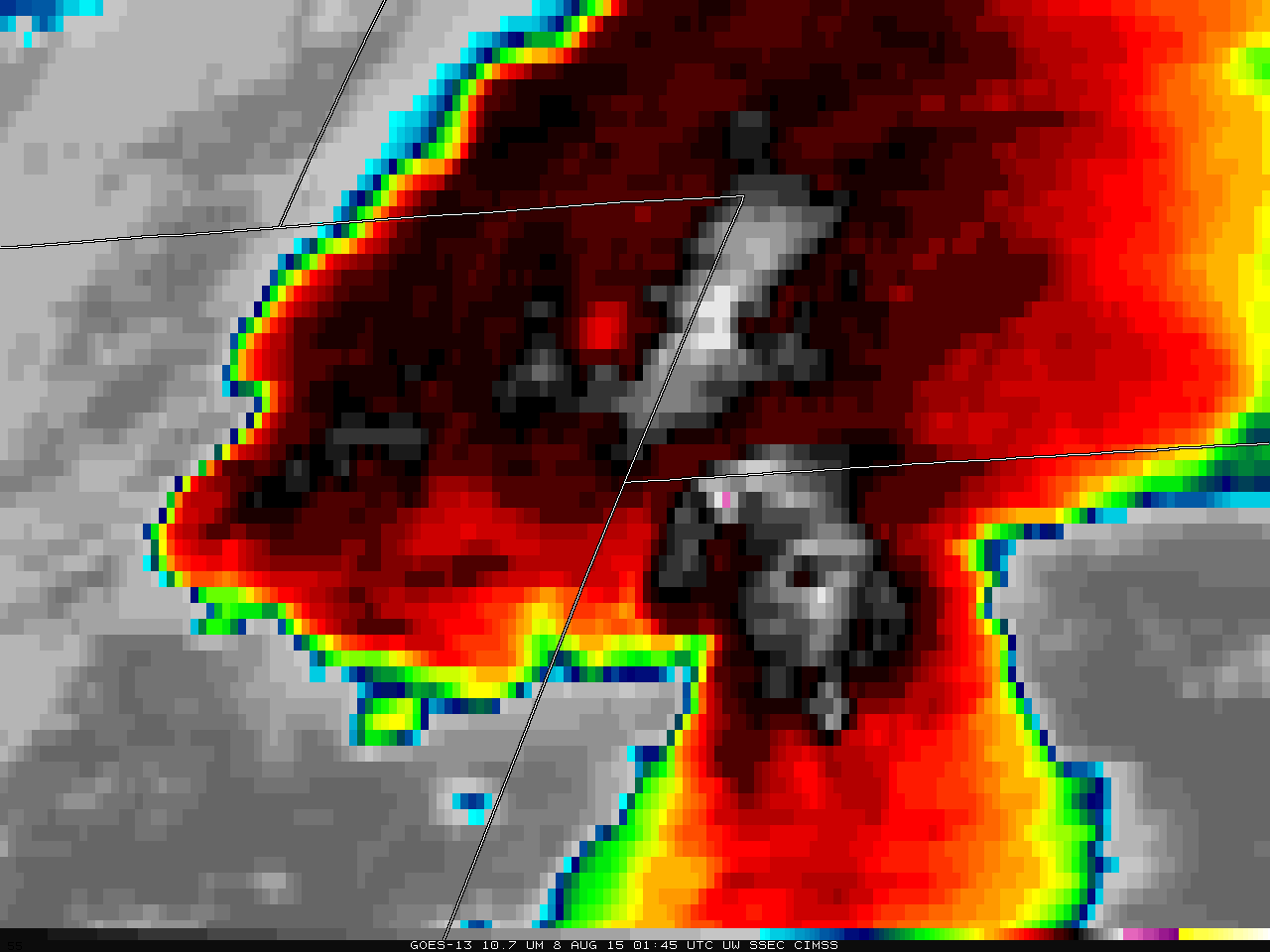 GOES-13 Infrared imagery (10.7 µm) 0015 UTC 8 August - 0215 UTC 8 August [click to animate]